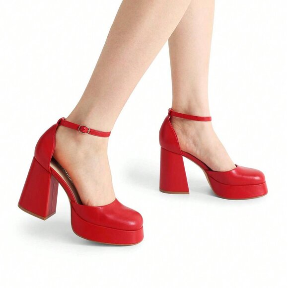 Red Elegant Women's Chunky Platform Heels - Picture 5 of 9